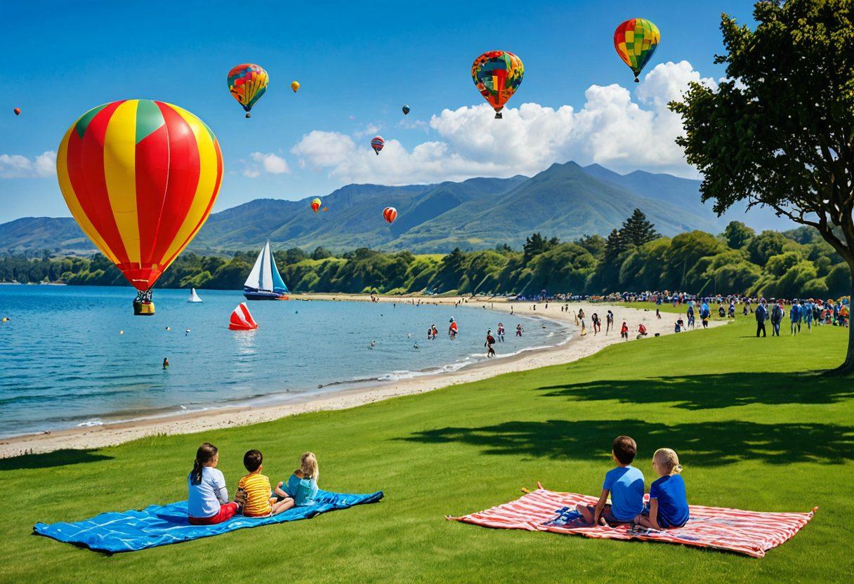 A vibrant scene depicting a diverse group of families enjoying various outdoor activities in Anchor Bay, surrounded by lush greenery and sparkling water. Include children flying kites, parents picnicking, and a small boat sailing in the distance. Incorporate playful elements like colorful banners and balloons to convey a festive atmosphere. Capture a bright, sunny day with clear blue skies. bright colors. super-realistic.