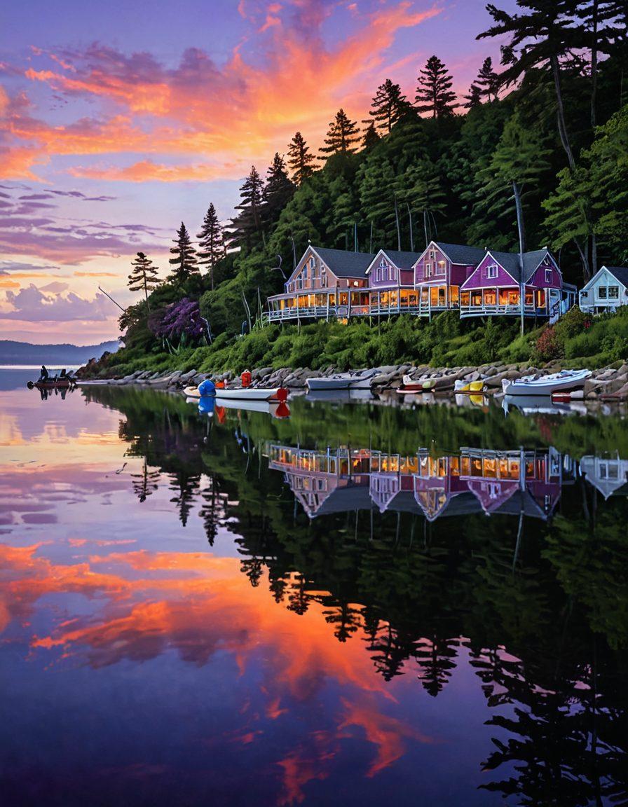 A breathtaking view of Anchor Bay featuring beautiful waterfront houses, crystal-clear waters, and lush greenery. Include people kayaking and fishing, with sailboats in the distance, under a vibrant sunset sky. The scene should evoke a sense of relaxation and adventure, showcasing outdoor activities in a lively yet serene setting. super-realistic. vibrant colors. 3D.