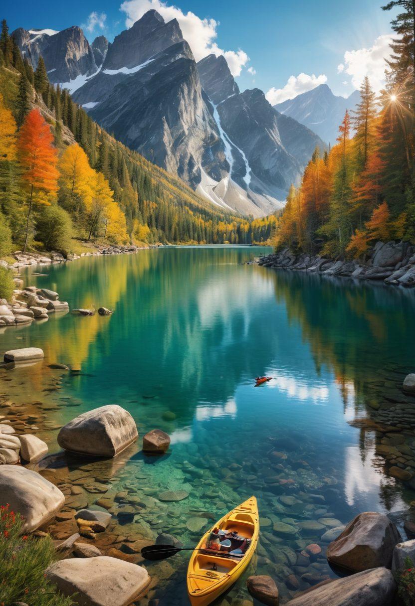 A dynamic scene depicting a diverse group of people enjoying various recreational activities, such as hiking, kayaking, and fishing, set against a stunning landscape of mountains and a serene lake. The participants are engaged in their activities with expressions of joy and excitement, while fishing tournaments are seen in the background with boats and fishermen. Bright, vibrant colors enhance the adventure vibe, inviting viewers to explore the great outdoors. super-realistic. vibrant colors. panoramic view.